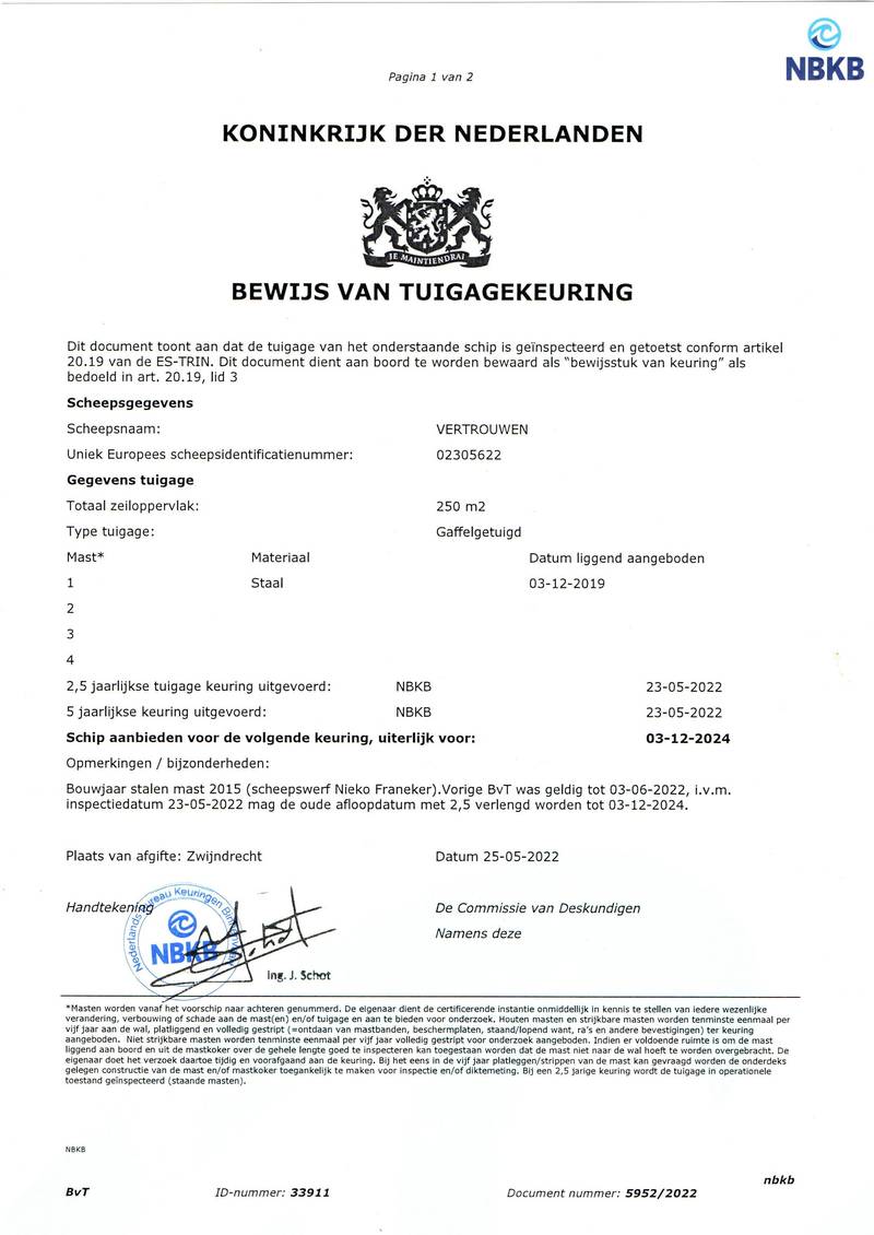 Vertrouwen Harlingen - Mast en tuig certificaat