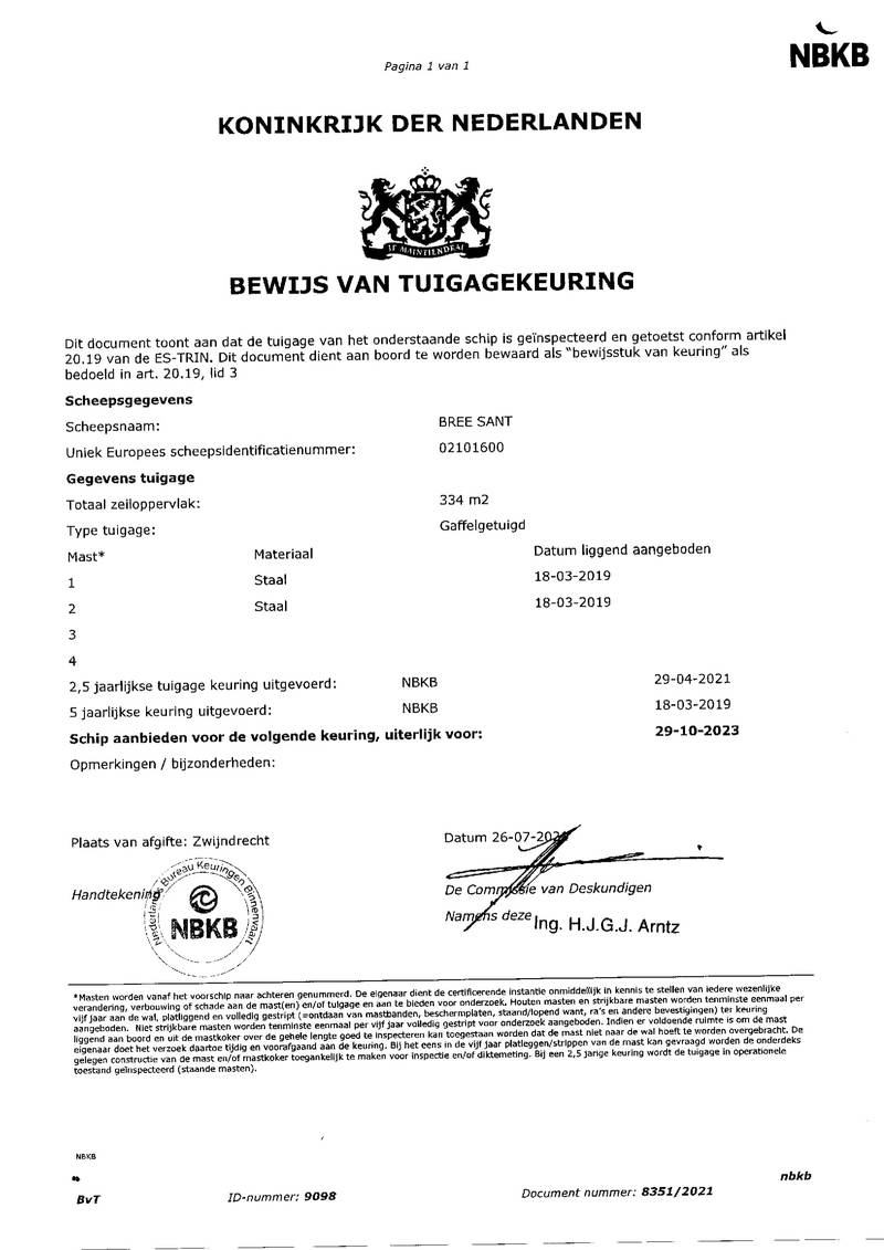 Bree Sant  - Mast en tuig certificaat