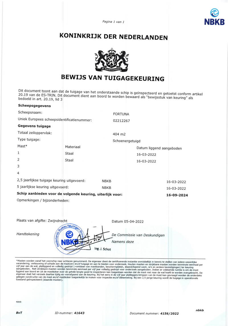 Fortuna - Mast en tuig certificaat