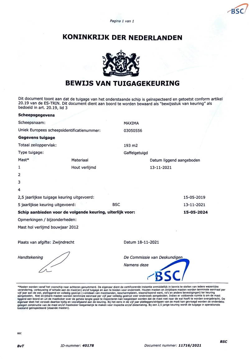 Maxima - Mast en tuig certificaat