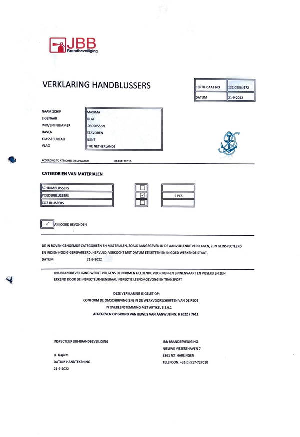 Maxima - Certificaat blusmiddelen 