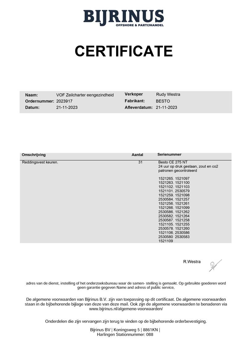 Eensgezindheid - Certificaat  Reddingvest 