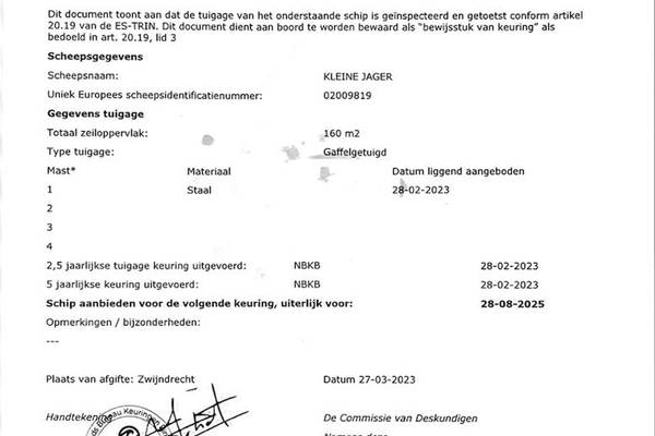 Kleine Jager - Mast en tuig certificaat