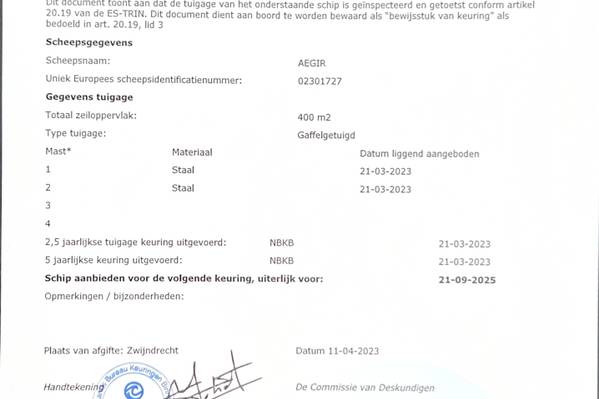 Aegir - Mast en tuig certificaat