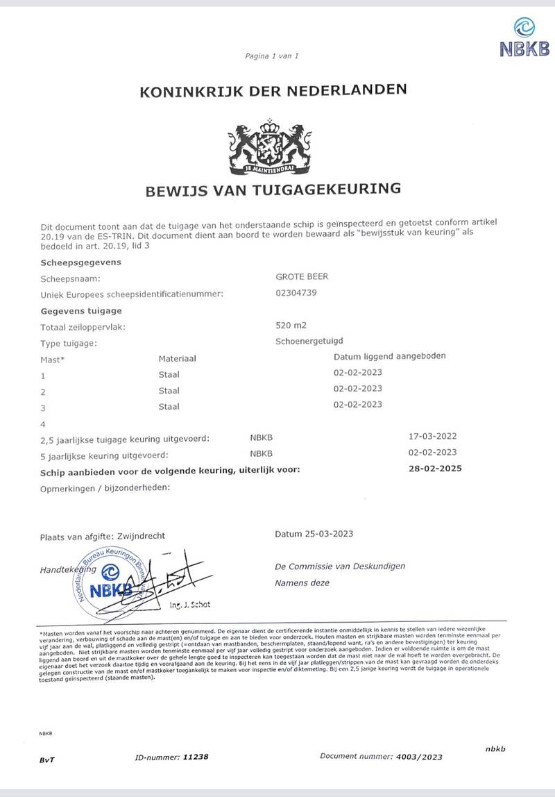 Klipper Grote Beer - Mast en tuig certificaat