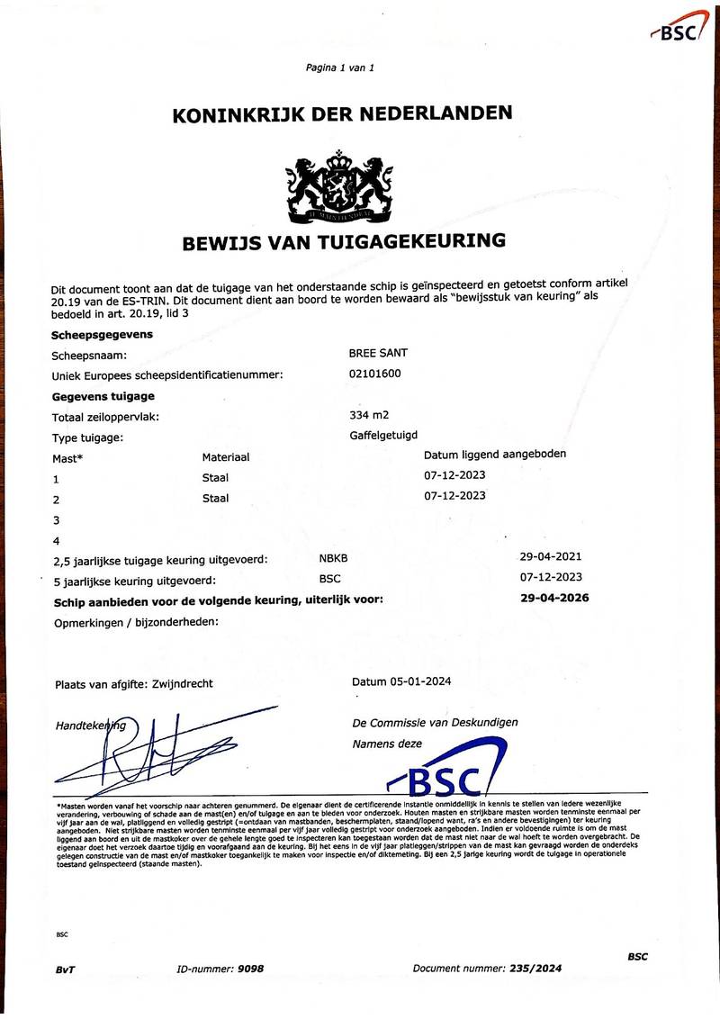 Bree Sant  - Mast en tuig certificaat