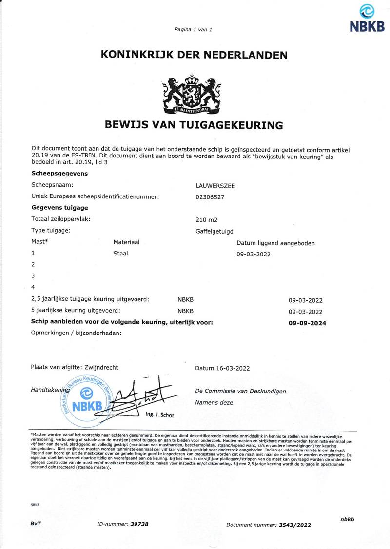 Lauwerszee - Mast en tuig certificaat
