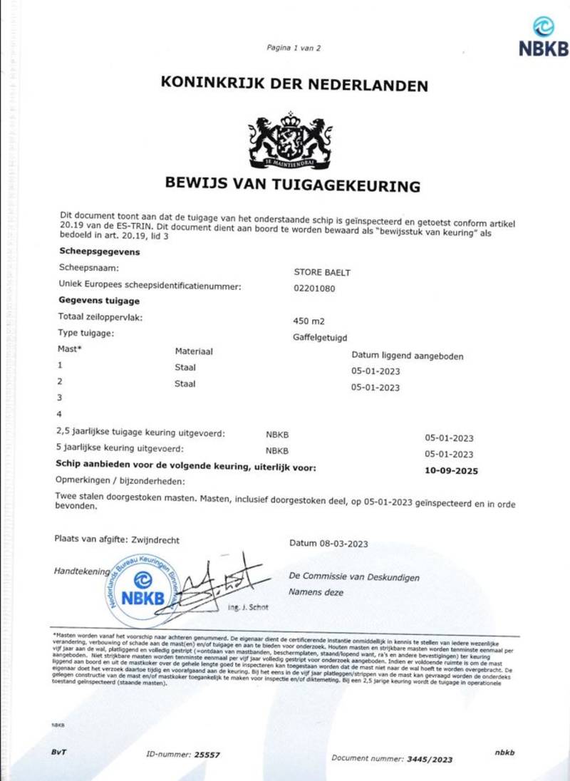 Storebælt - Mast en tuig certificaat