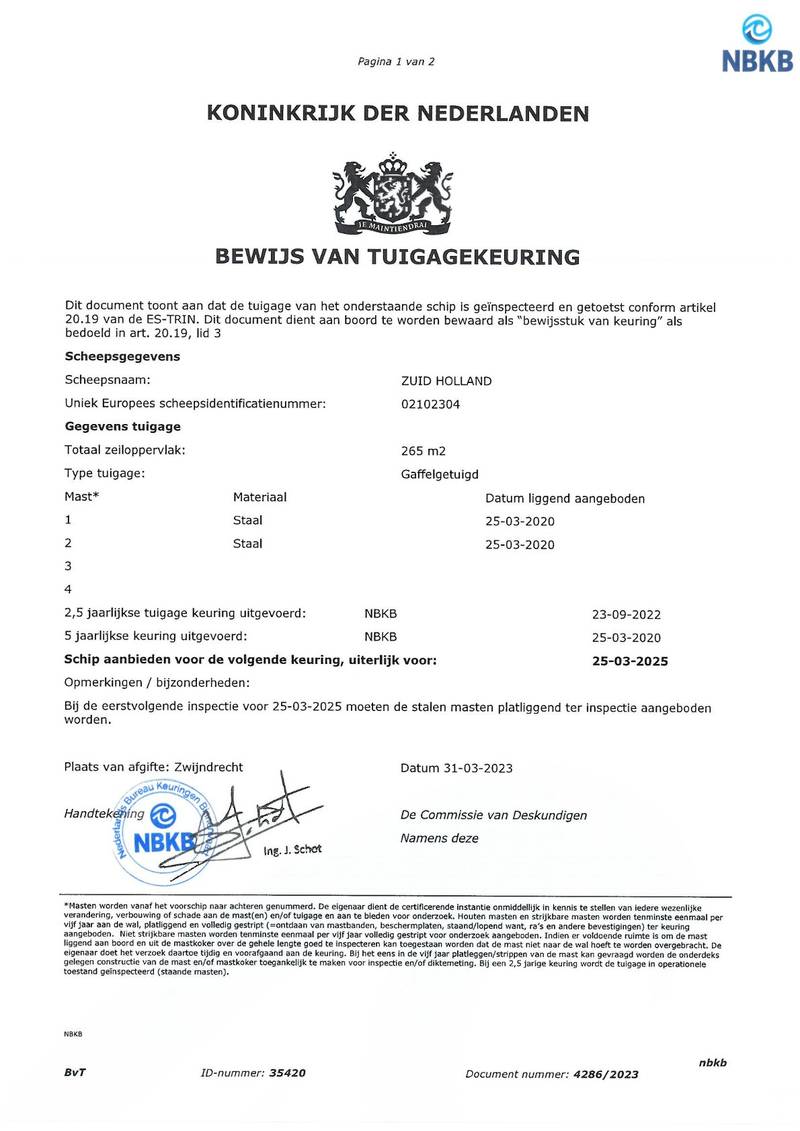 Zuid Holland - Mast en tuig certificaat