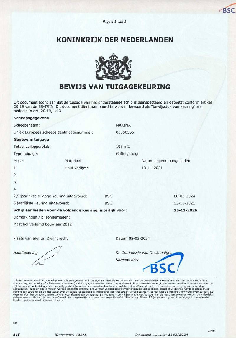 Maxima - Mast en tuig certificaat