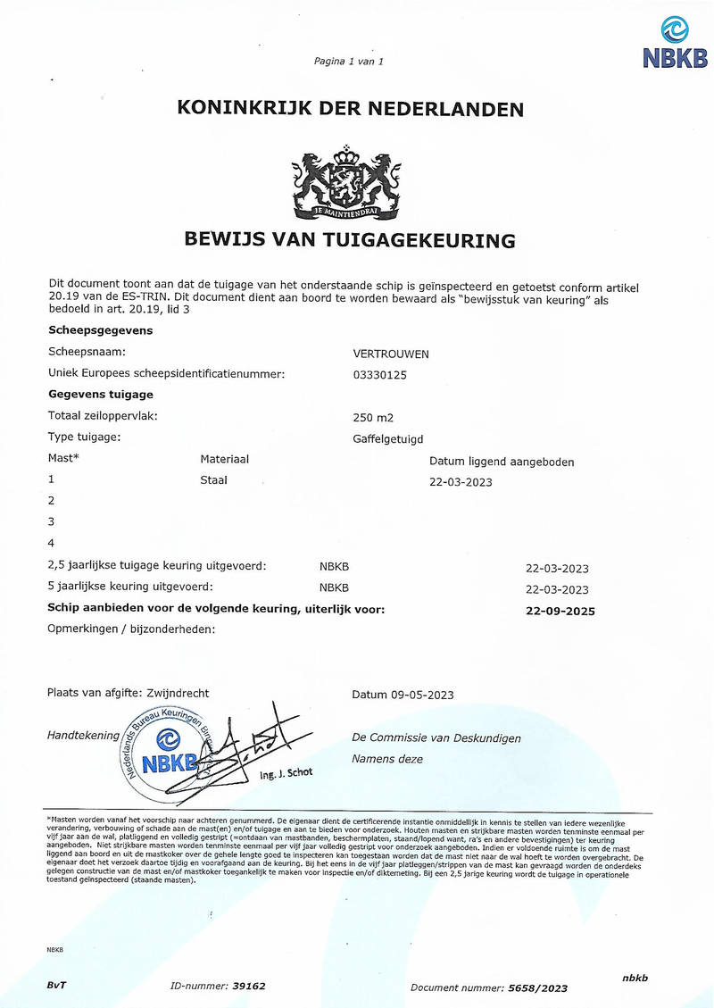 Vertrouwen Enkhuizen - Mast en tuig certificaat