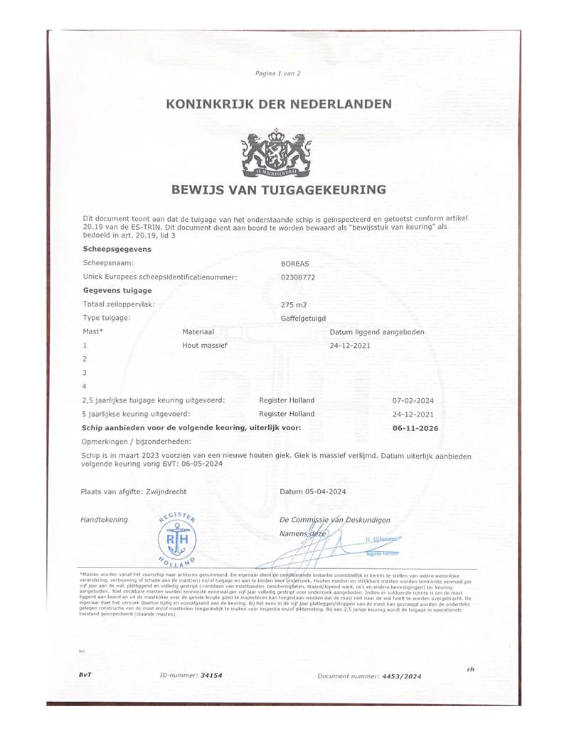 Boreas - Mast en tuig certificaat