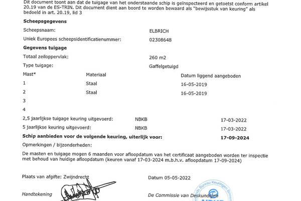 Klipper Elbrich - Mast en tuig certificaat