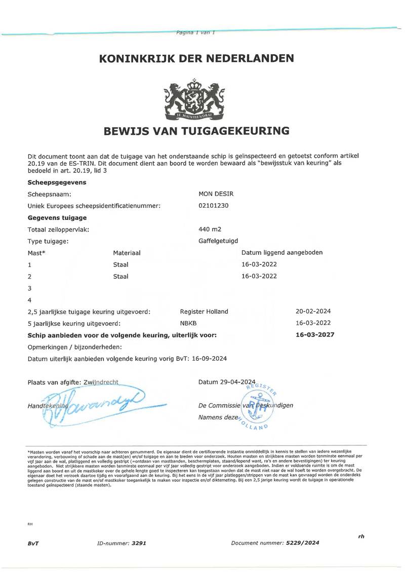 Mon Desir - Mast en tuig certificaat