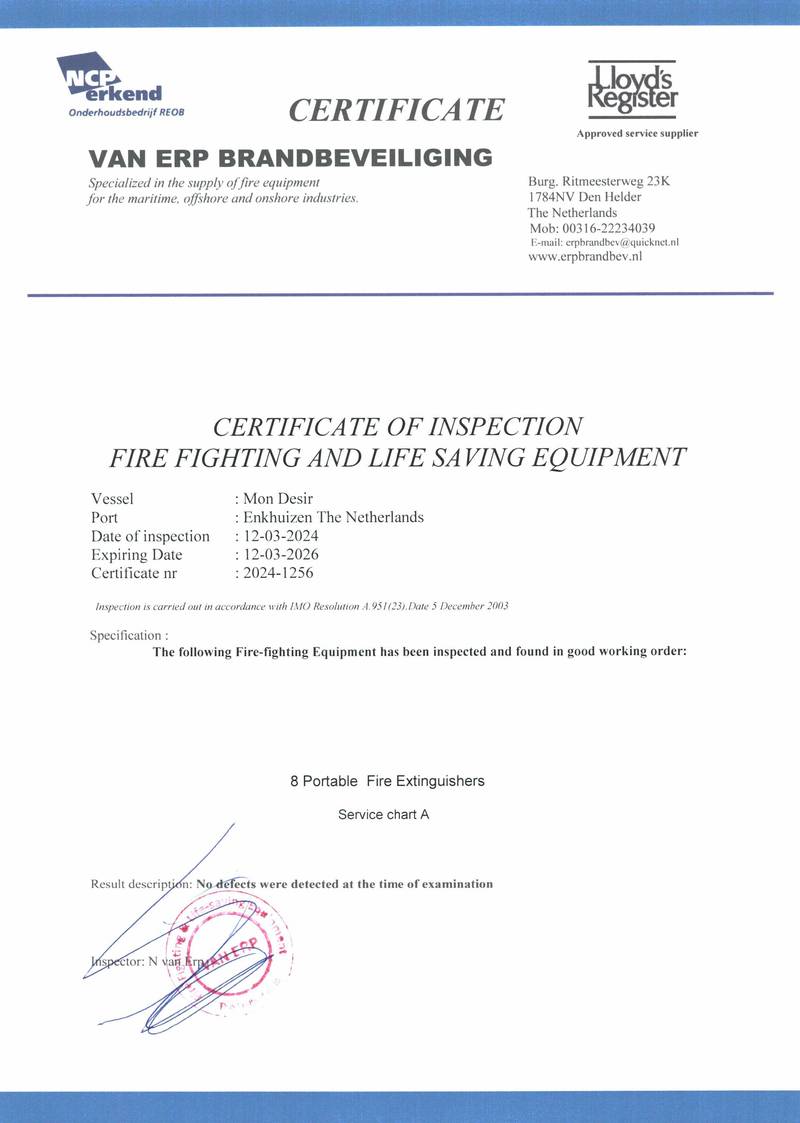 Mon Desir - Certificaat blusmiddelen 