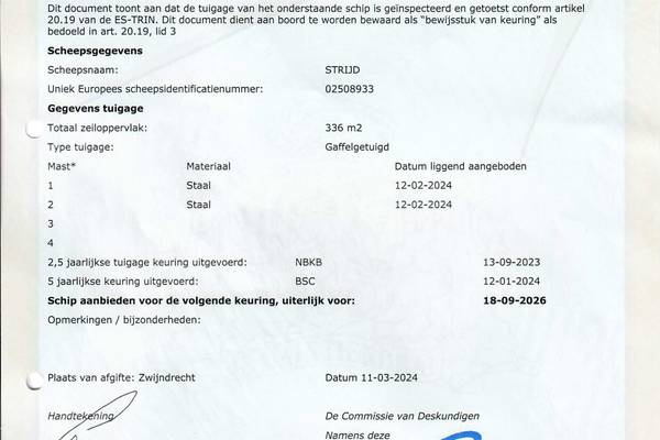 Strijd - Mast en tuigage certificaten