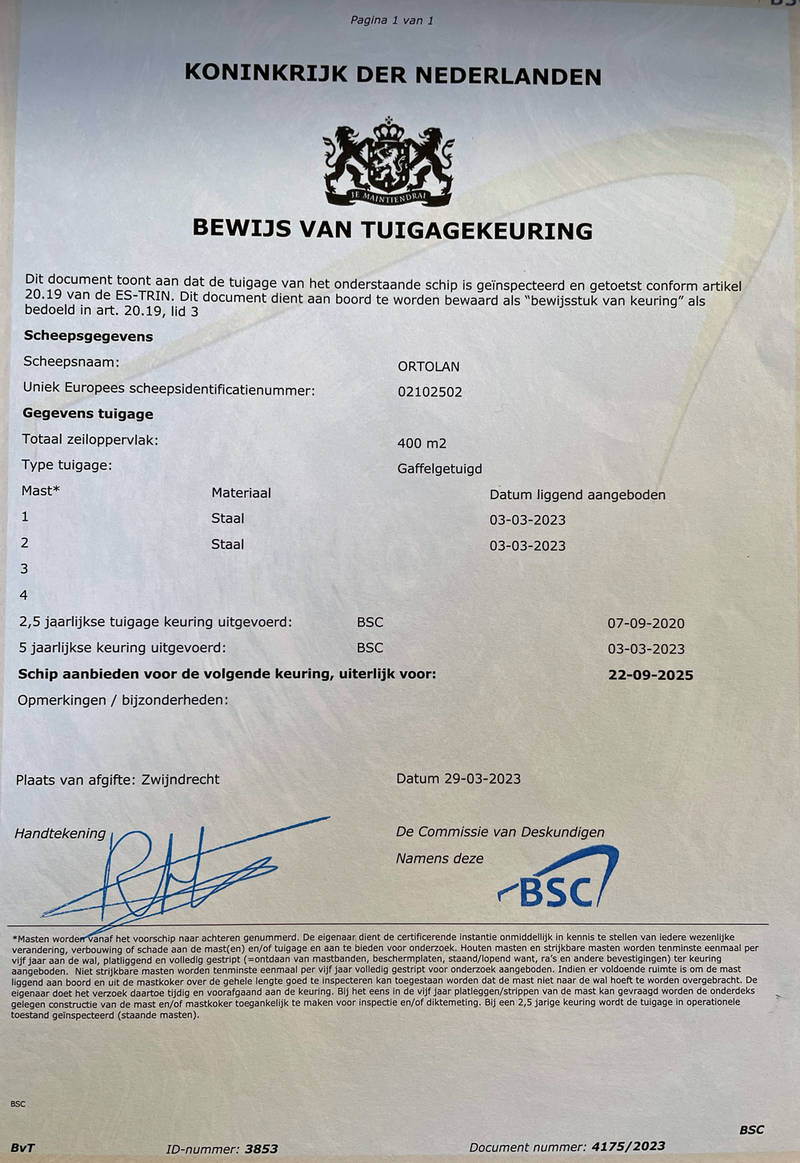 Ortolan - Mast en tuig certificaat