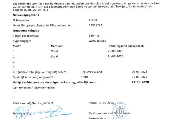 Aegir - Mast en tuig certificaat Aegir - Mast en tuig certificaat