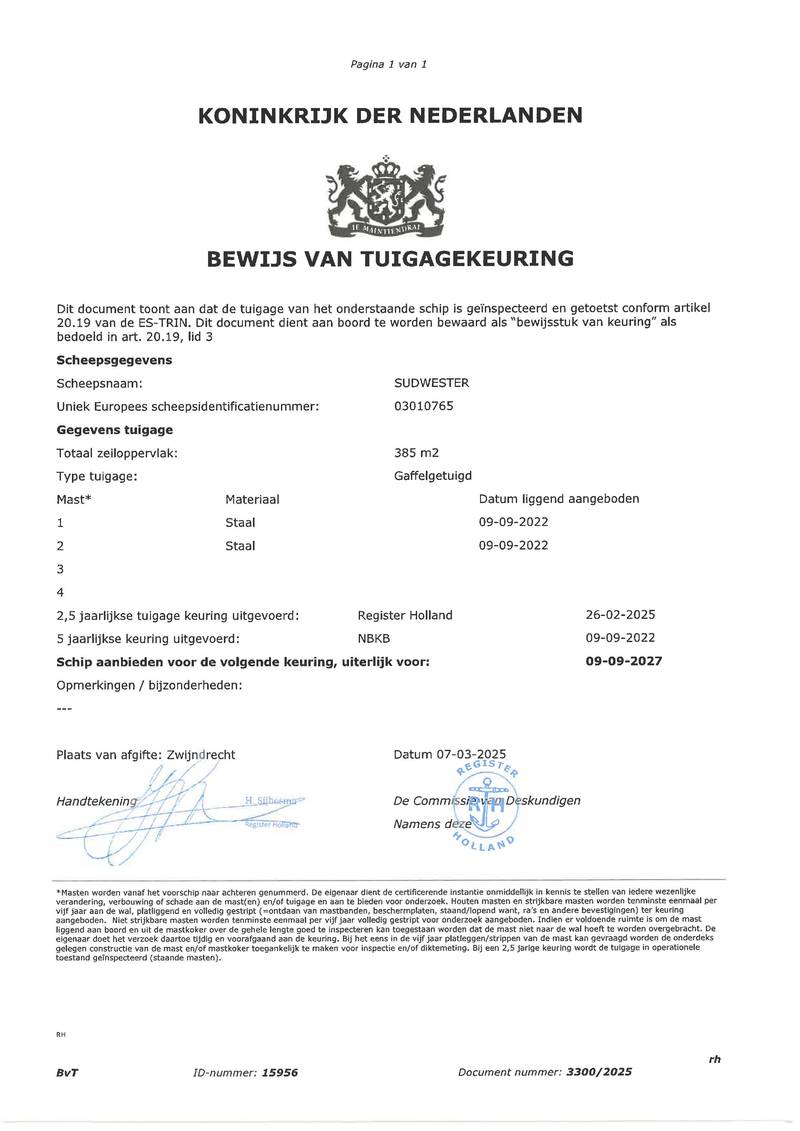 De Sudwester - Mast en tuig certificaat
