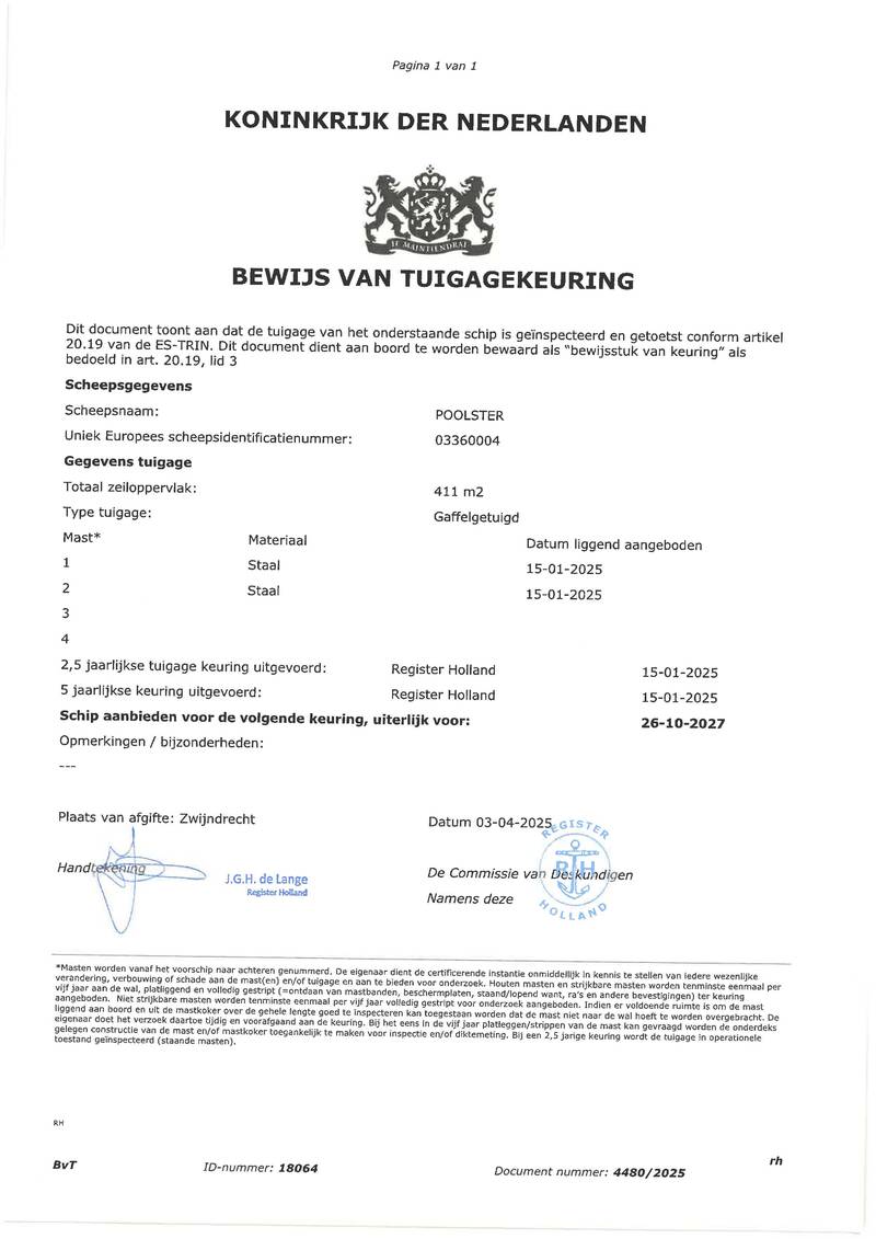 Poolster - Mast en tuig certificaat