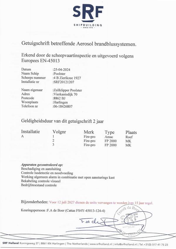 Poolster - Certificaat blusmiddelen 