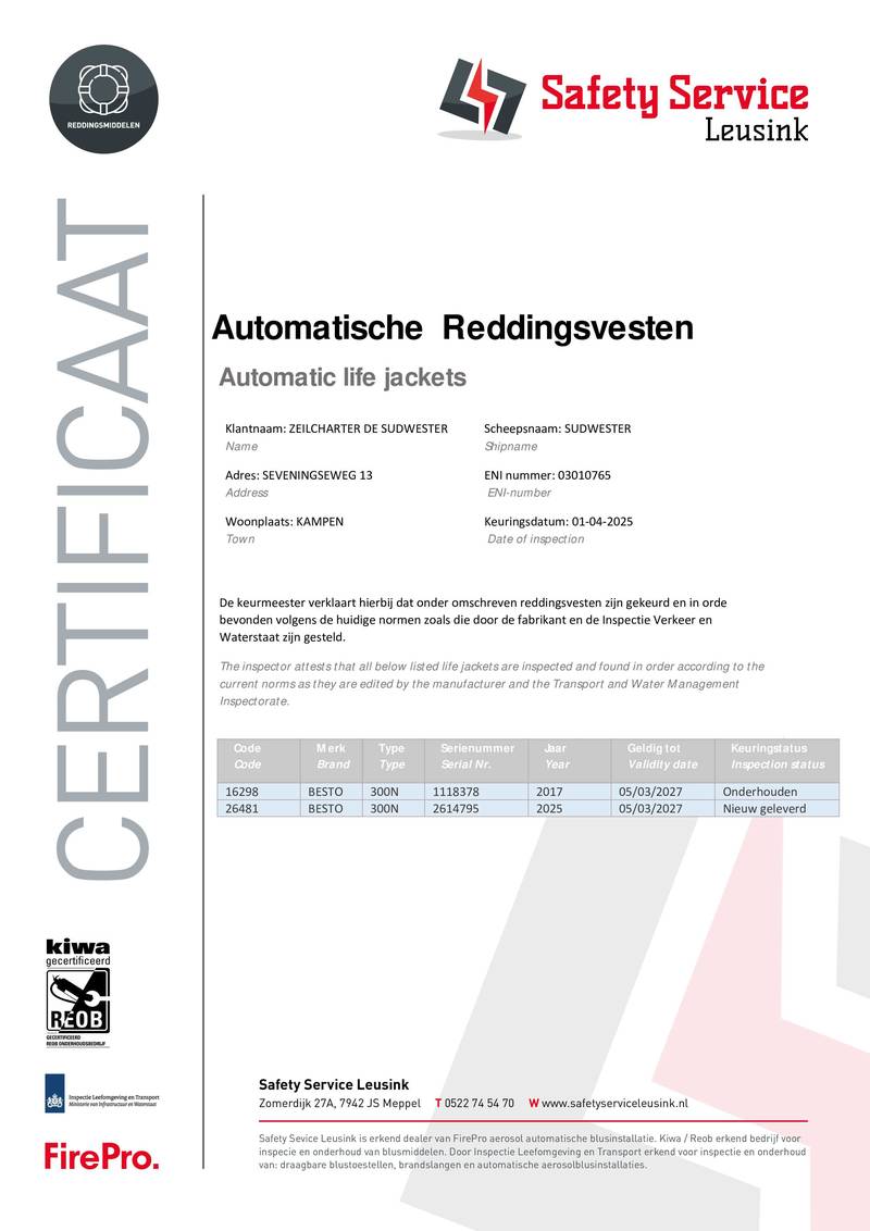 De Sudwester - Certificaat  Reddingvest 