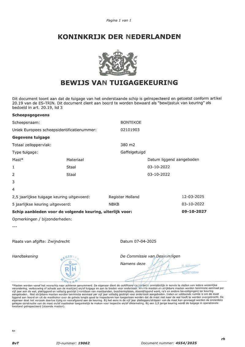 Bontekoe - Mast en tuig certificaat
