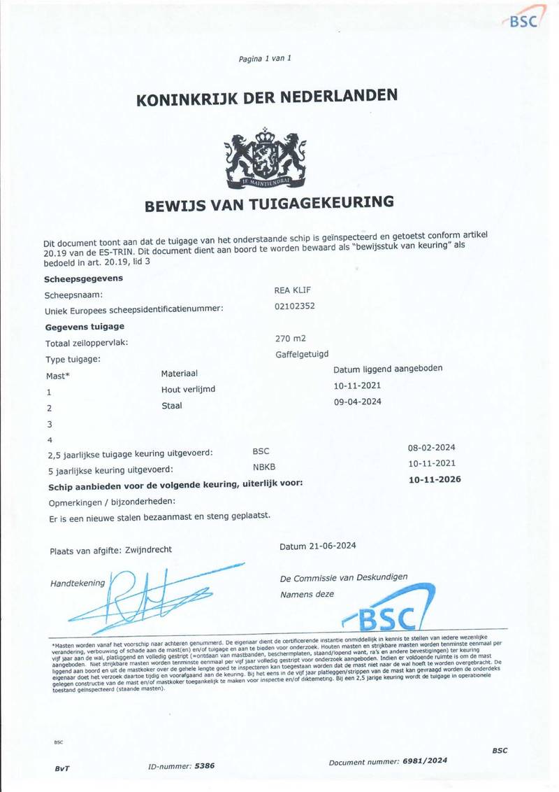 Rea-Klif - Mast en tuig certificaat