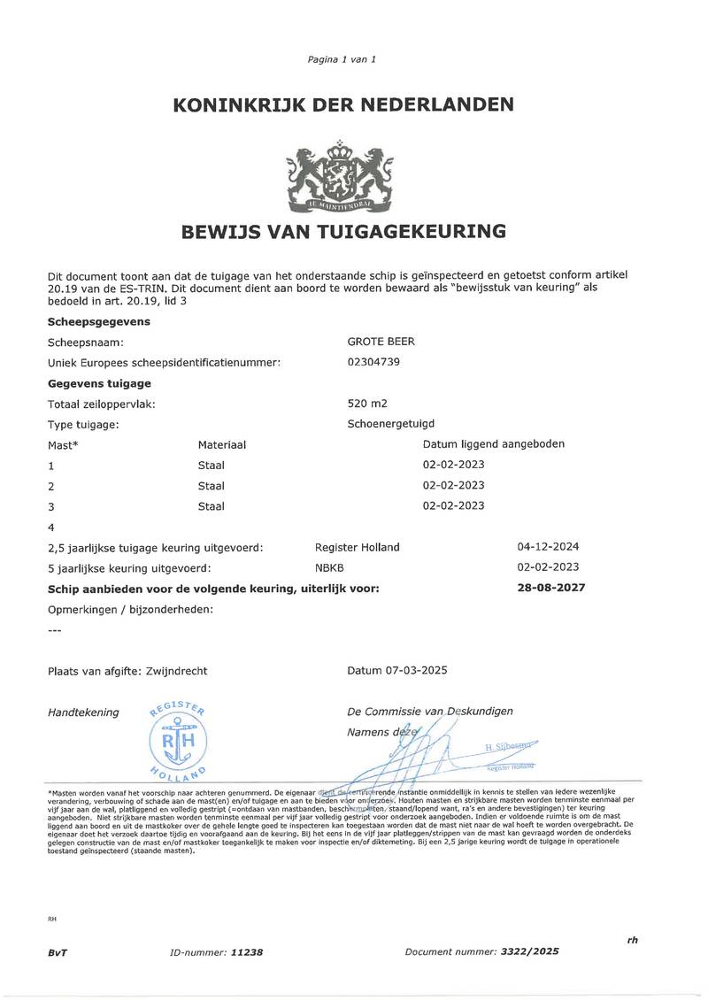 Klipper Grote Beer - Mast en tuig certificaat
