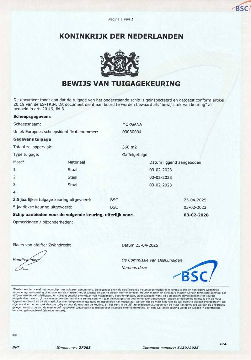 Morgana - Mast en tuig certificaat
