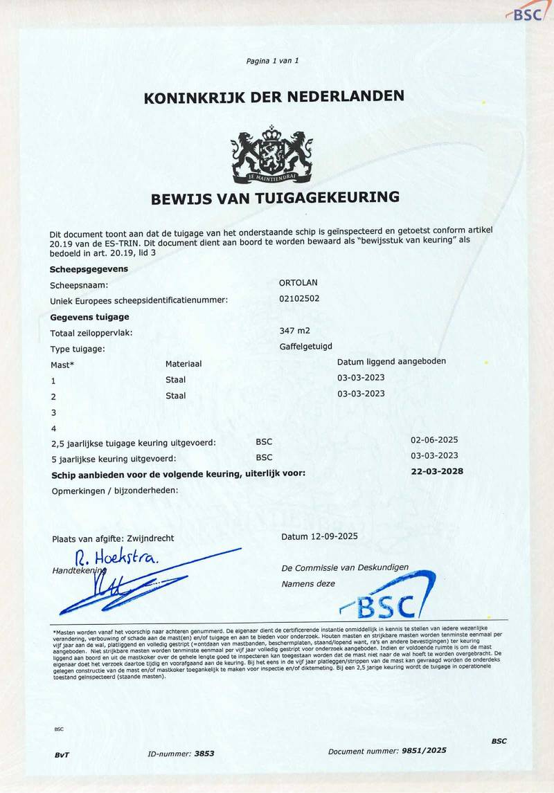 Ortolan - Mast en tuig certificaat