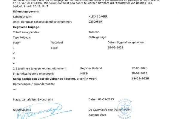 Kleine Jager - Mast en tuig certificaat