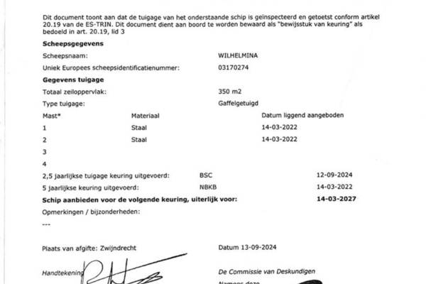 Grote Jager - Mast en tuig certificaat