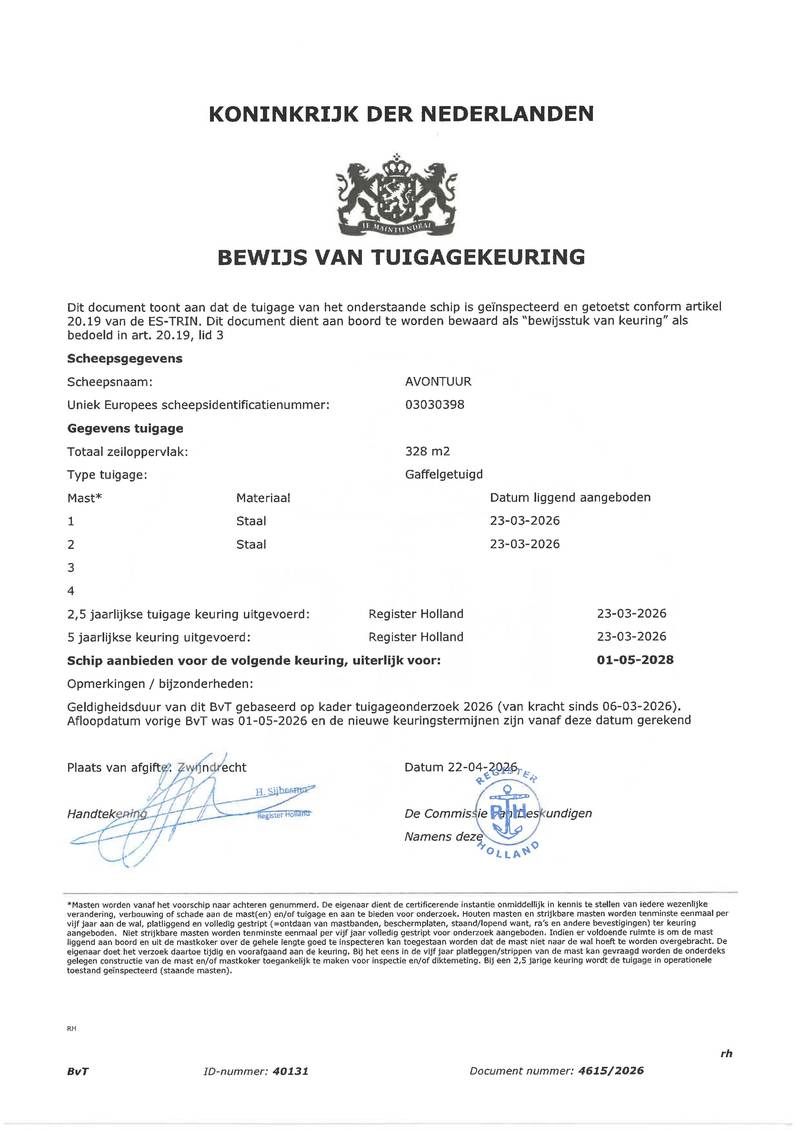 Avontuur - Mast en tuig certificaat