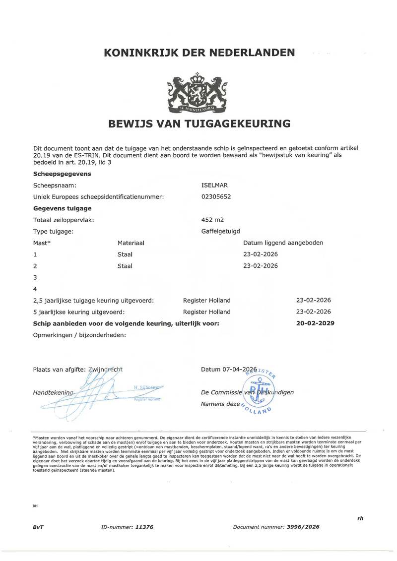 Iselmar - Mast en tuig certificaat