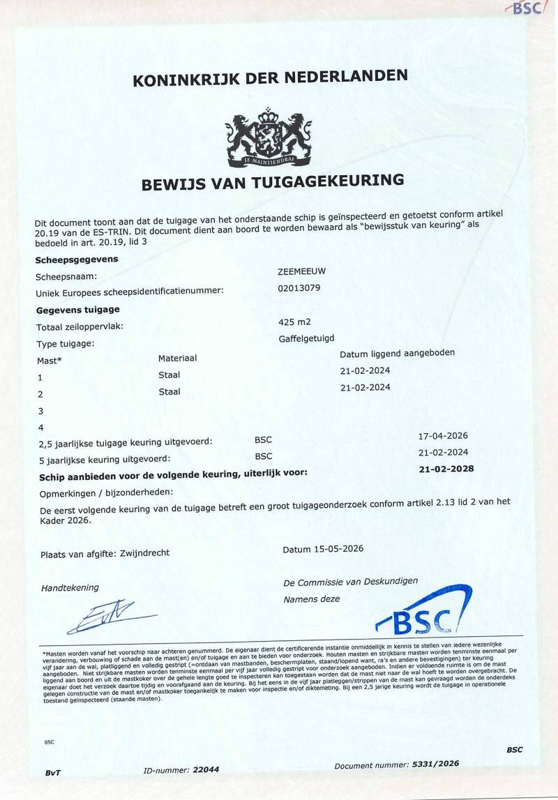 Zeemeeuw - Mast en tuig certificaat