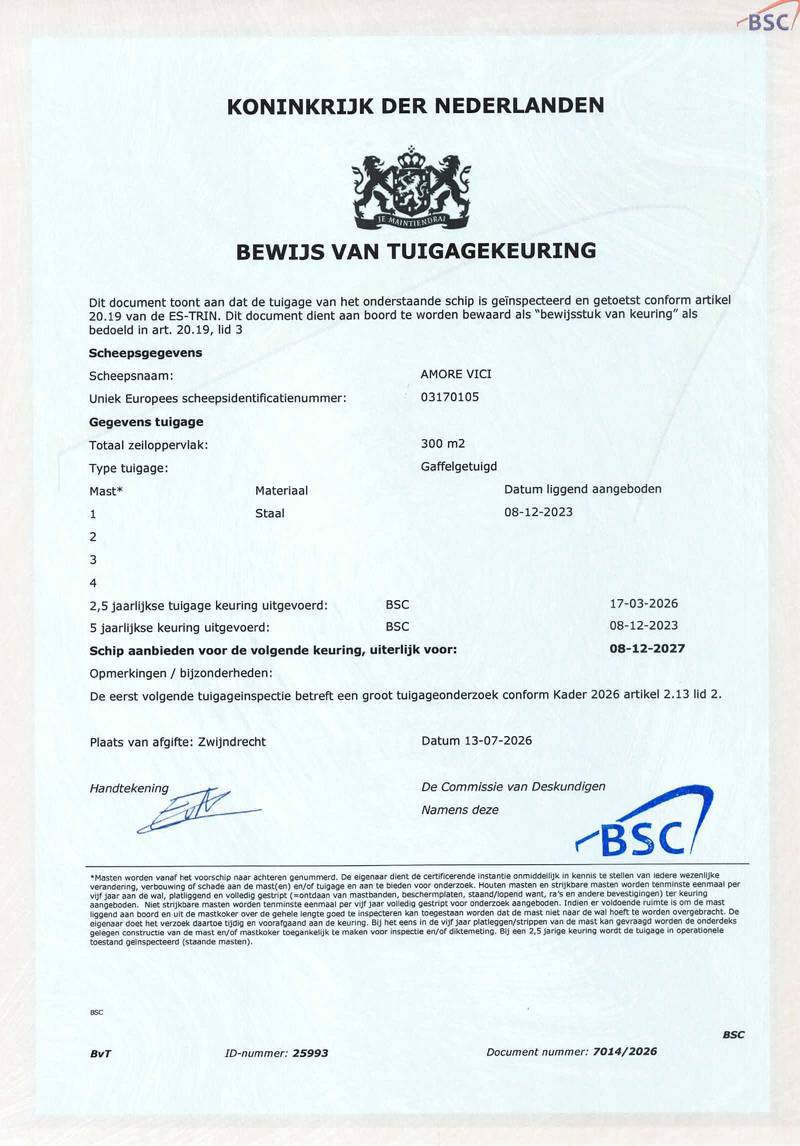 Amore Vici  - Mast en tuig certificaat